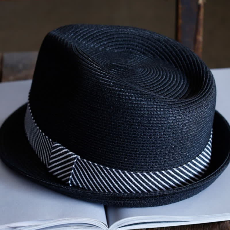 Men's Graceful Striped Ribbon Beach Straw Fedora Hat