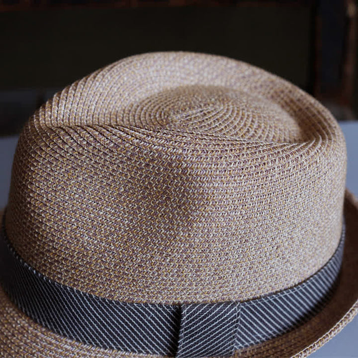 Men's Graceful Striped Ribbon Beach Straw Fedora Hat