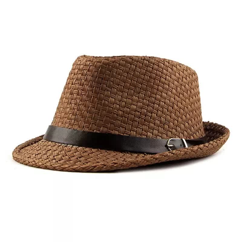 Men's Woven Leather Band Decor Beach Straw Fedora Hat