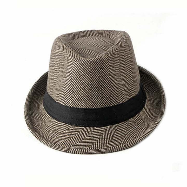 Gentlemen Herringbone Pattern Black Ribbon Fedora Hat