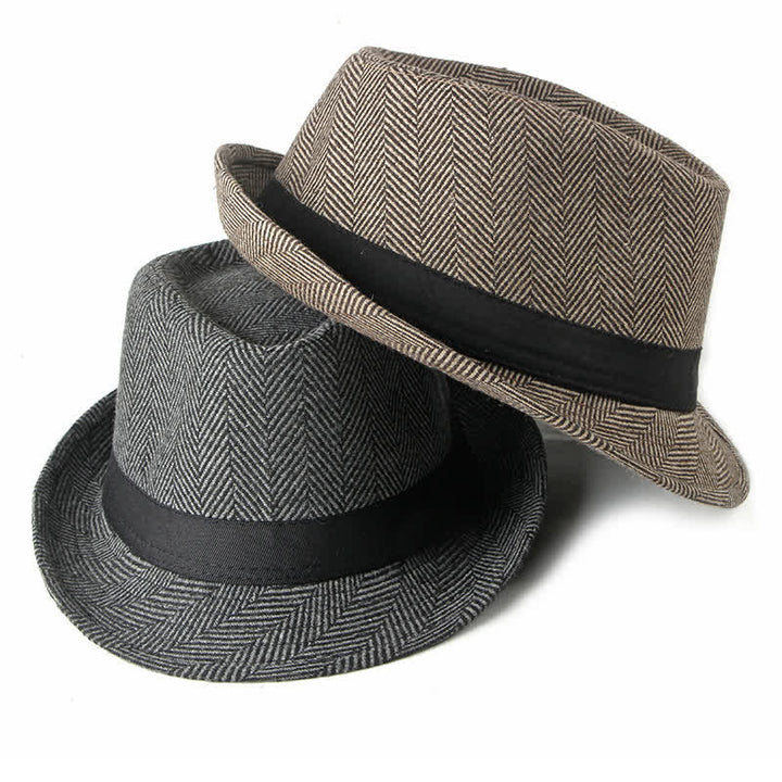 Gentlemen Herringbone Pattern Black Ribbon Fedora Hat