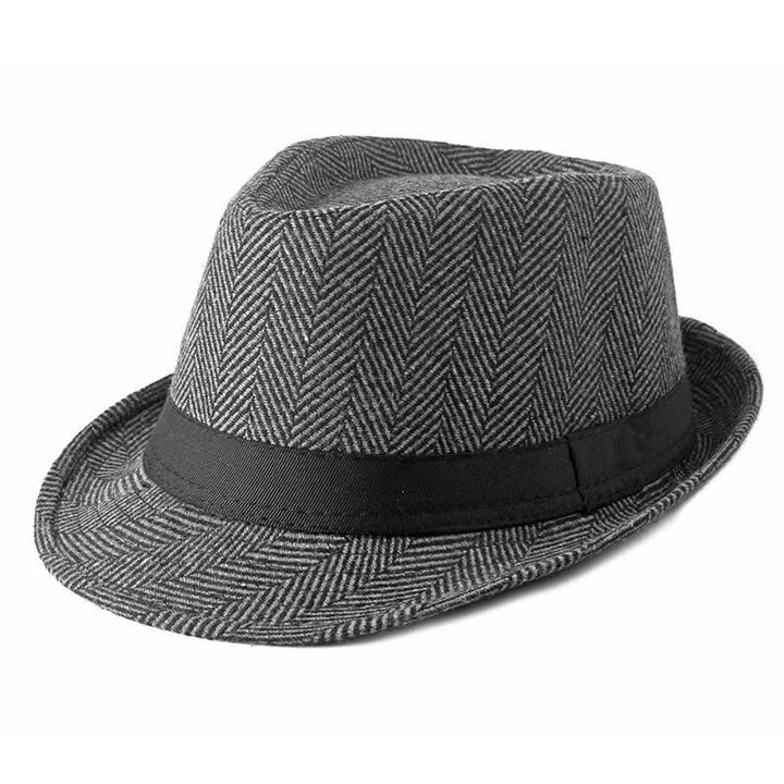 Gentlemen Herringbone Pattern Black Ribbon Fedora Hat