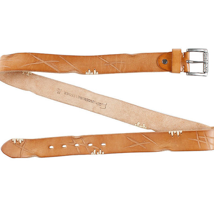 Men's Distressed Retro White Line Decor Leather Belt