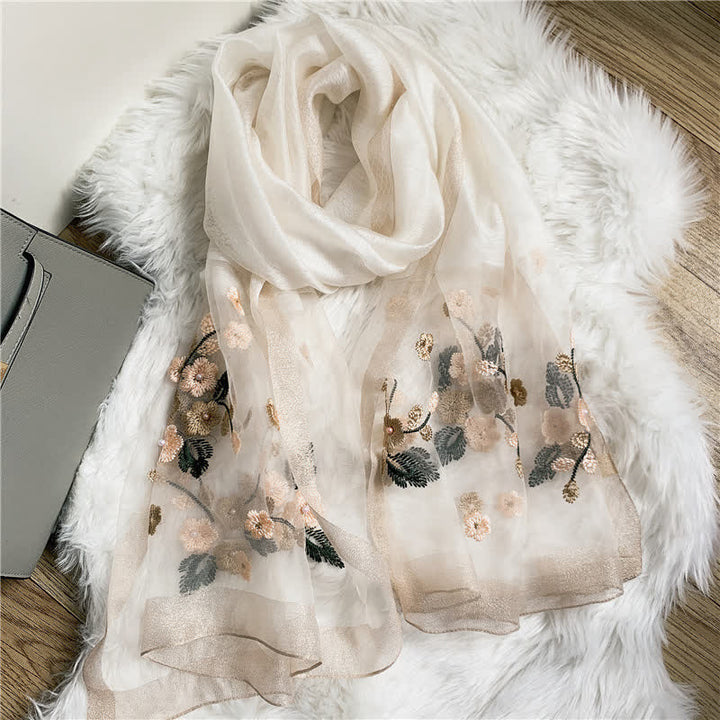 Birchapple Flower Embroidered Gold Edge Thin Summer Scarf