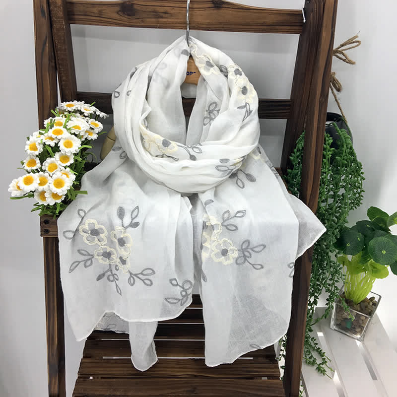 Women's National Cotton Linen Flower Embroidery Thin Scarf