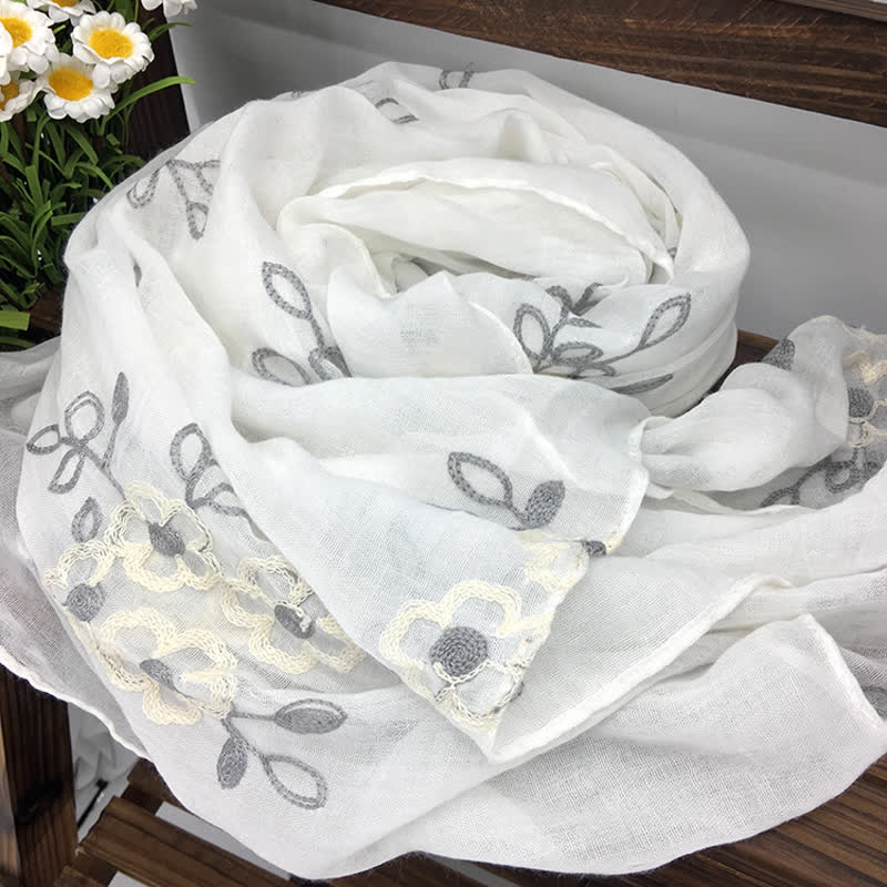 Women's National Cotton Linen Flower Embroidery Thin Scarf - White - image 12