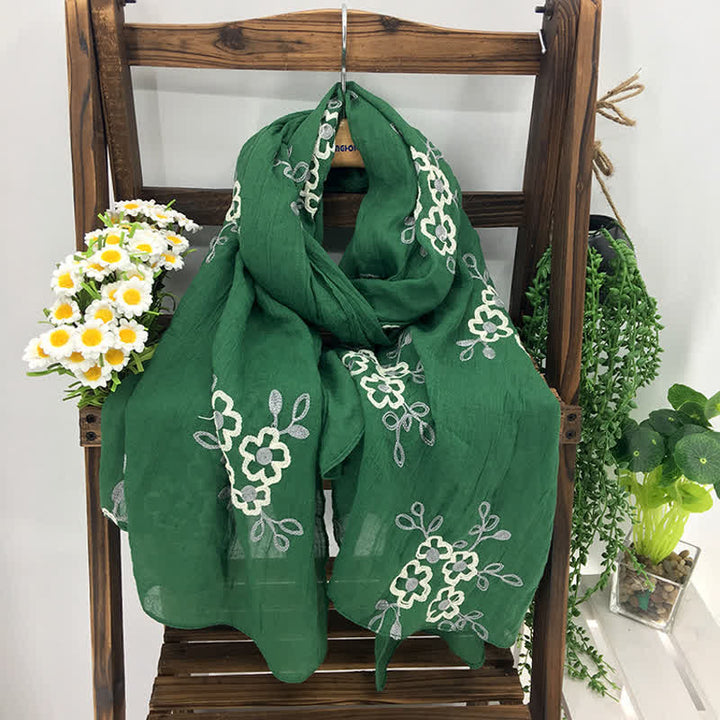 Women's National Cotton Linen Flower Embroidery Thin Scarf - Green - image 0