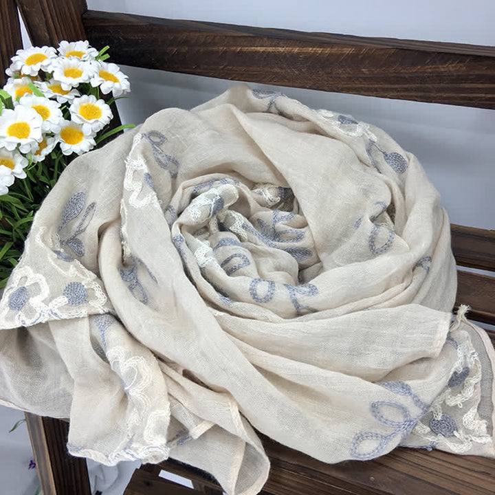 Women's National Cotton Linen Flower Embroidery Thin Scarf