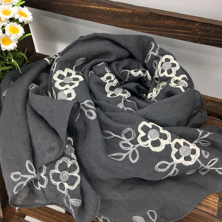 Women's National Cotton Linen Flower Embroidery Thin Scarf - Gray - image 6