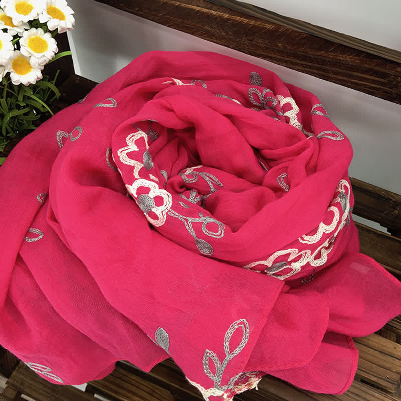 Women's National Cotton Linen Flower Embroidery Thin Scarf - Hot Pink - image 8