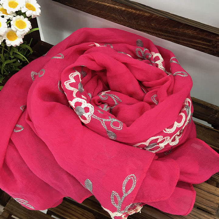 Women's National Cotton Linen Flower Embroidery Thin Scarf - Hot Pink - image 8