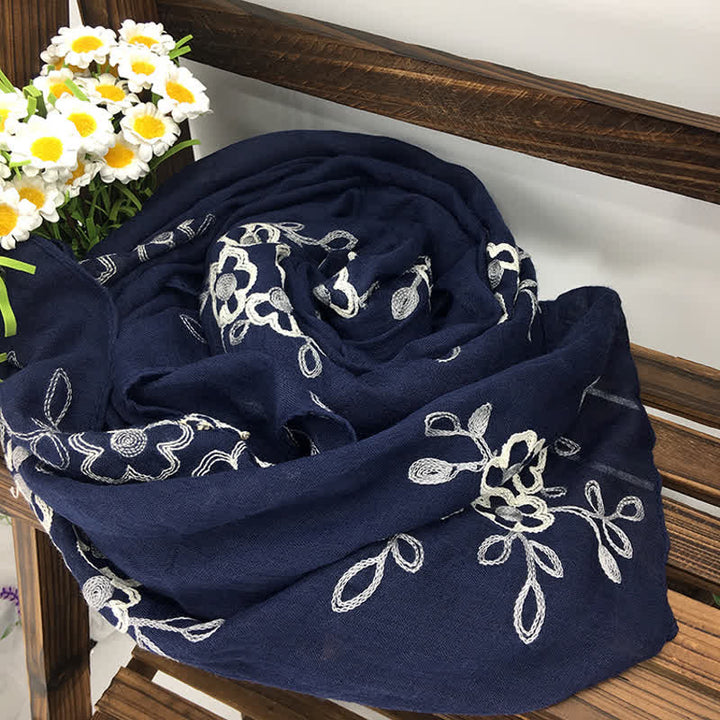 Women's National Cotton Linen Flower Embroidery Thin Scarf