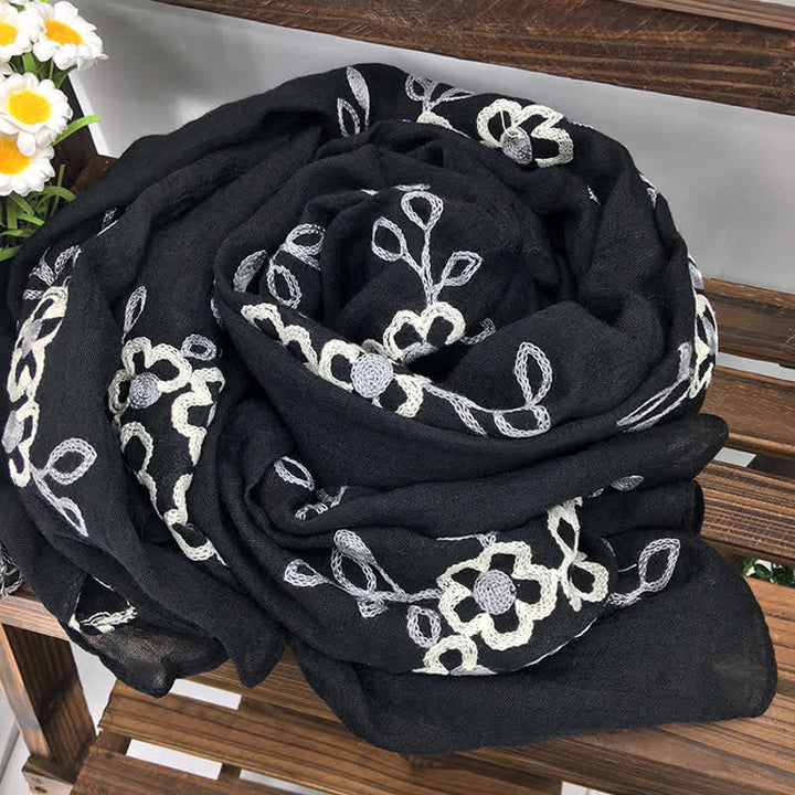 Women's National Cotton Linen Flower Embroidery Thin Scarf - Black - image 2