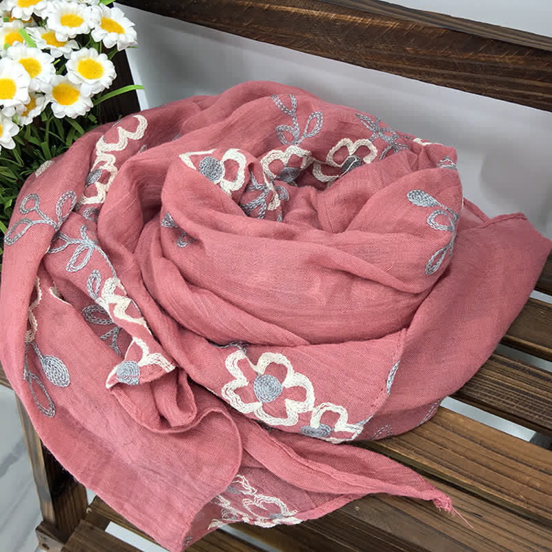 Women's National Cotton Linen Flower Embroidery Thin Scarf - Pink - image 14