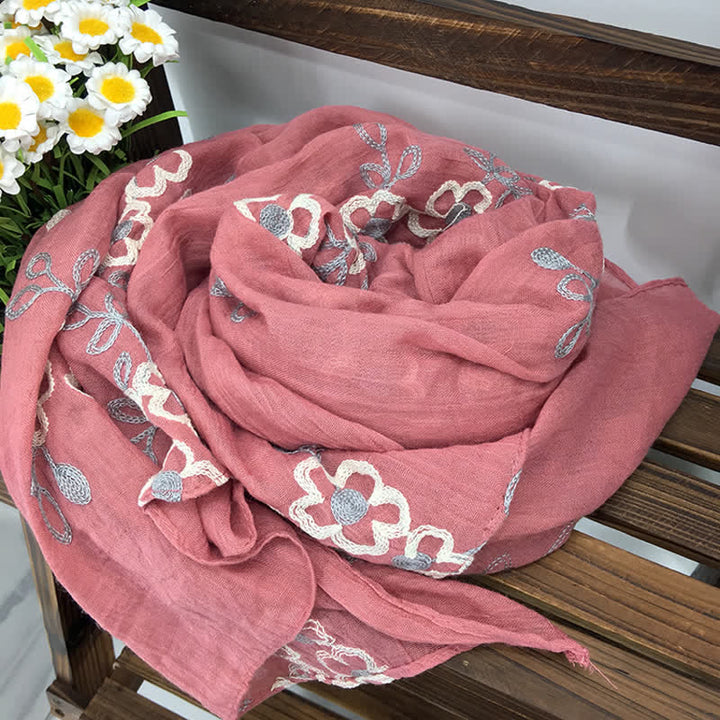 Women's National Cotton Linen Flower Embroidery Thin Scarf - Pink - image 14