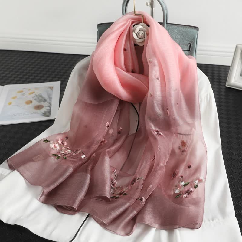 Women's Color Gradient Floral Embroidery Thin Scarf