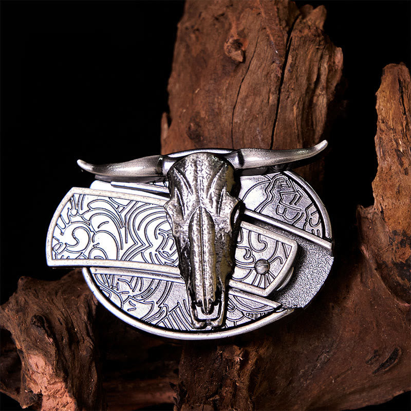 Bull's Head DIY Hidden Knife Silver Western Vintage Buckle Leather Belt - image 1