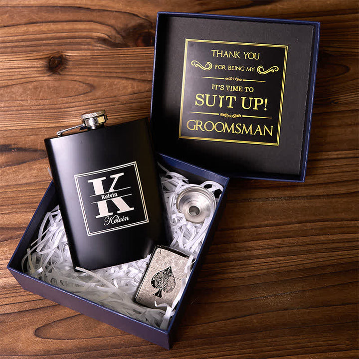 2Pcs Customizable Black Flask ACE of Spades Lighter Groomsmen Gift Box