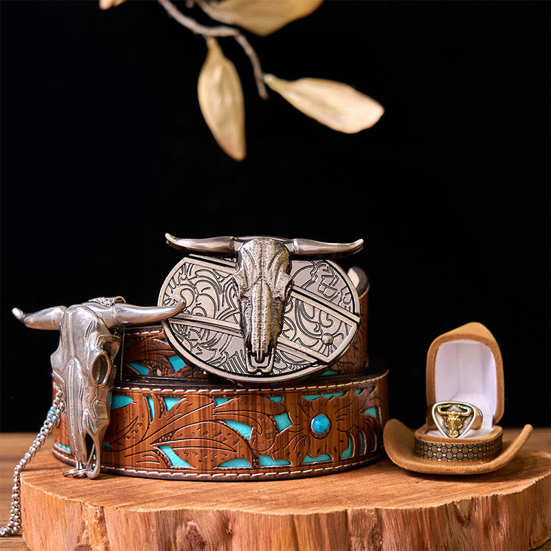 Western Cow DIY Hidden Knife Belt Buckle With Bull Ring Bundle Set - Bulls - Turquoise Carved Belt - 42 - image 6