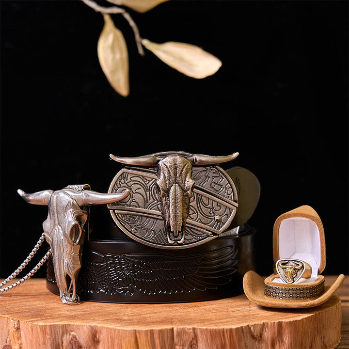 Western Cow DIY Hidden Knife Belt Buckle With Bull Ring Bundle Set - Bulls - Black Embossed Eagle Belt - 42 - image 5