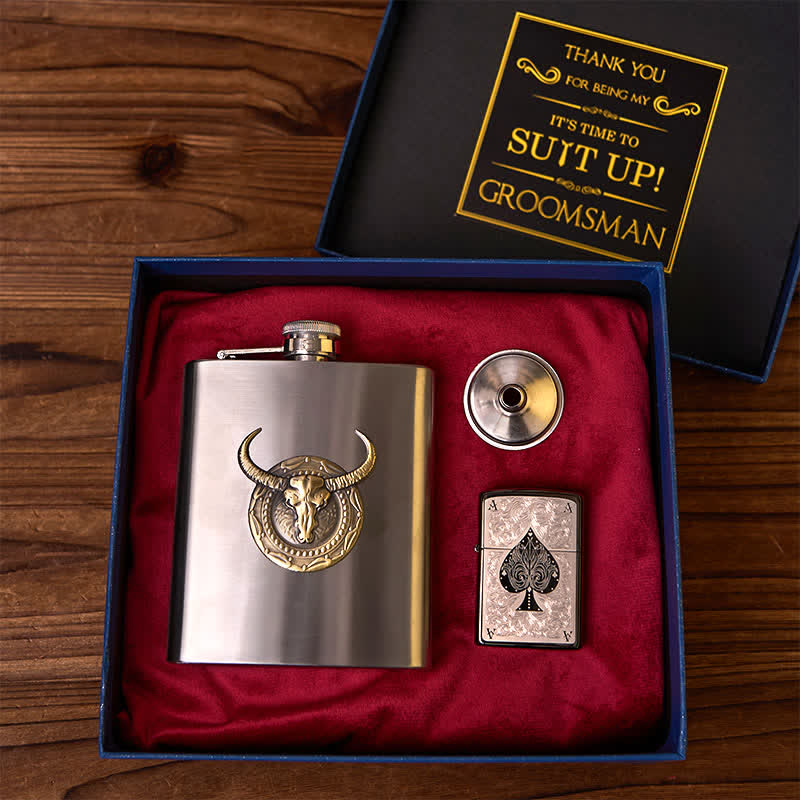 2Pcs Silver Bull Flask ACE of Spades Lighter Groomsmen Gift Box