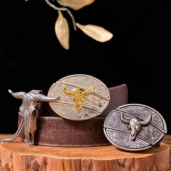 Double Bulls DIY Hidden Knife Belt Buckle With Longhorn Pendant Bundle Set - Gold & Silver Bulls - Brown Distressed Belt - 42 - image 4