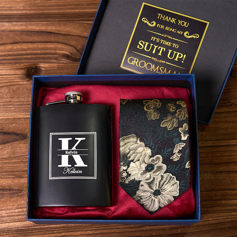 4Pcs Necktie Cuffinks Socks Suit Set Customizable Flask Groomsmen Gift Box