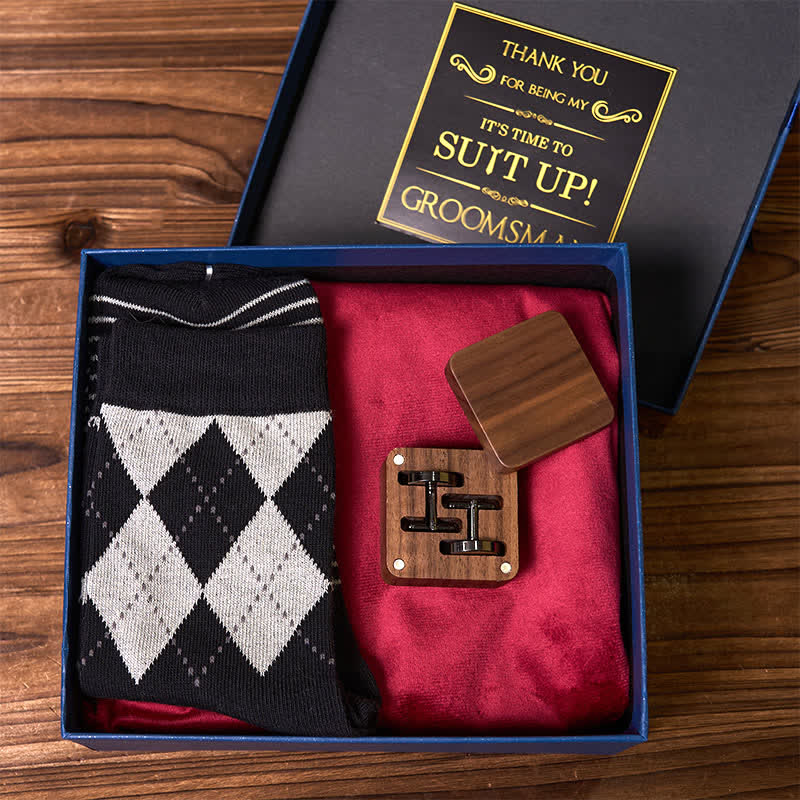 4Pcs Necktie Cuffinks Socks Suit Set Customizable Flask Groomsmen Gift Box