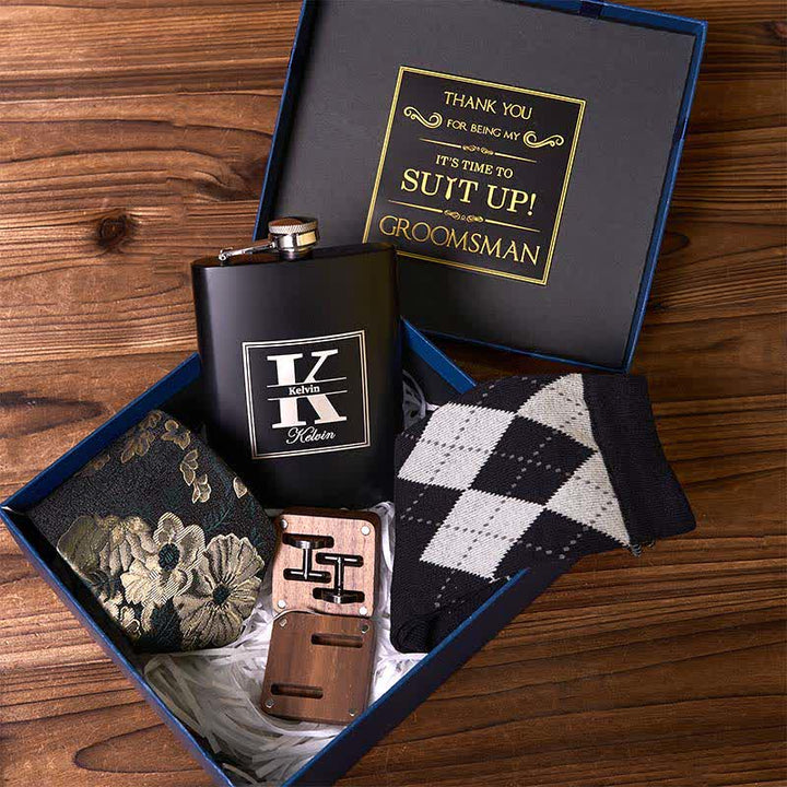 4Pcs Necktie Cuffinks Socks Suit Set Customizable Flask Groomsmen Gift Box