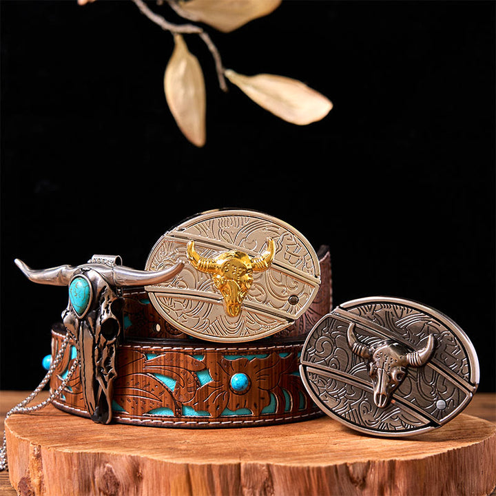 Gold Silver Bull DIY Knife Belt Buckle With Turquoise Longhorn Pendant Bundle Set (PRE-SALE) - Gold & Silver Bulls - Turquoise Carved Belt - 42 - image 3