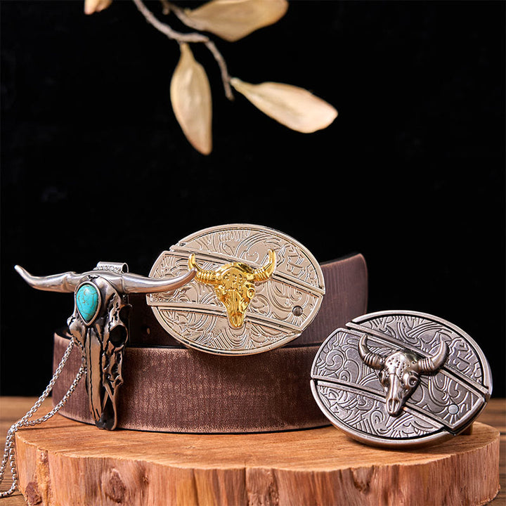 Gold Silver Bull DIY Knife Belt Buckle With Turquoise Longhorn Pendant Bundle Set (PRE-SALE) - Gold & Silver Bulls - Brown Distressed Belt - 42 - image 4