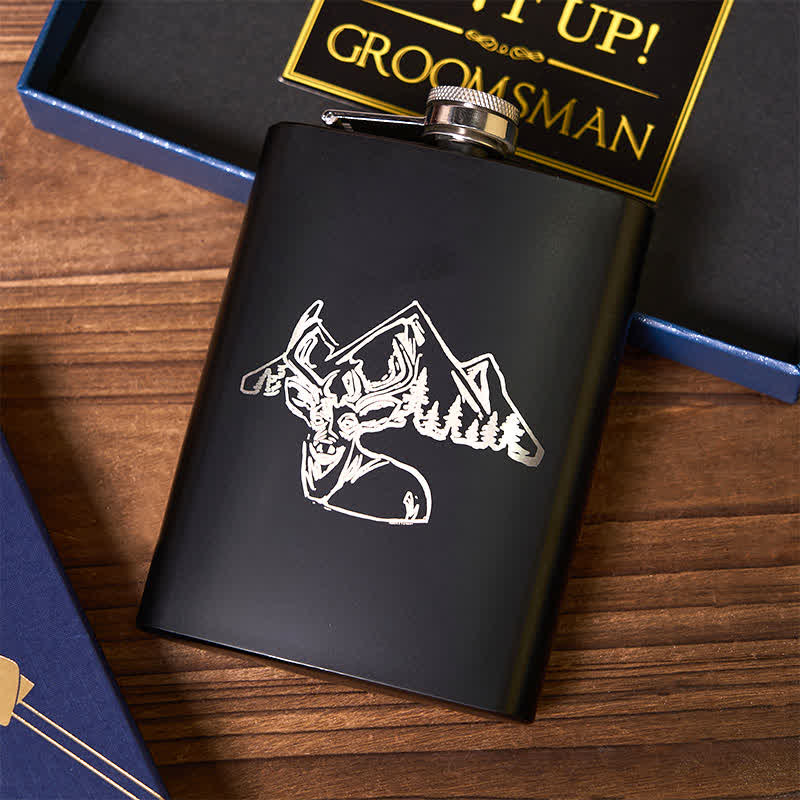 4Pcs Deer Theme Black Bow Tie Flask Bolo Tie Wooden Watch Groomsmen Gift Box