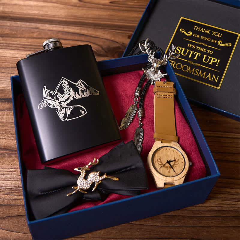 4Pcs Deer Theme Black Bow Tie Flask Bolo Tie Wooden Watch Groomsmen Gift Box