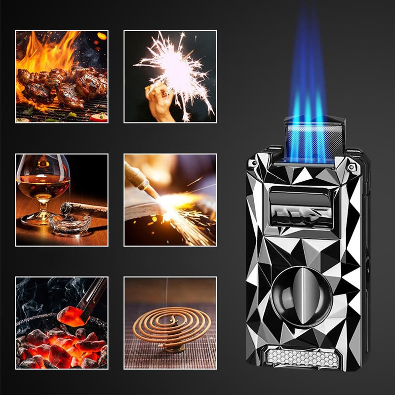 5 in 1 Multifunctional Cigar Cutter Tools Diamond Refillable Butane Lighter