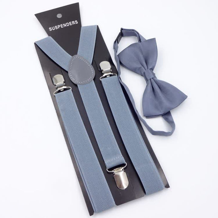 2Pcs Solid Color Bow Tie 3-Clips Adjustable Suspenders Set