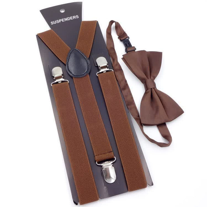 2Pcs Solid Color Bow Tie 3-Clips Adjustable Suspenders Set