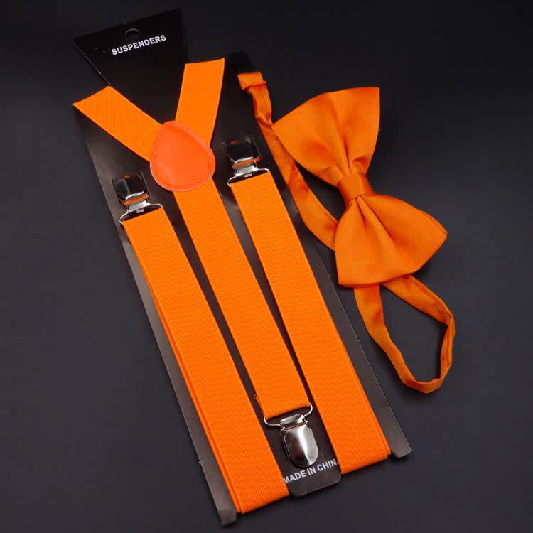 2Pcs Solid Color Bow Tie 3-Clips Adjustable Suspenders Set