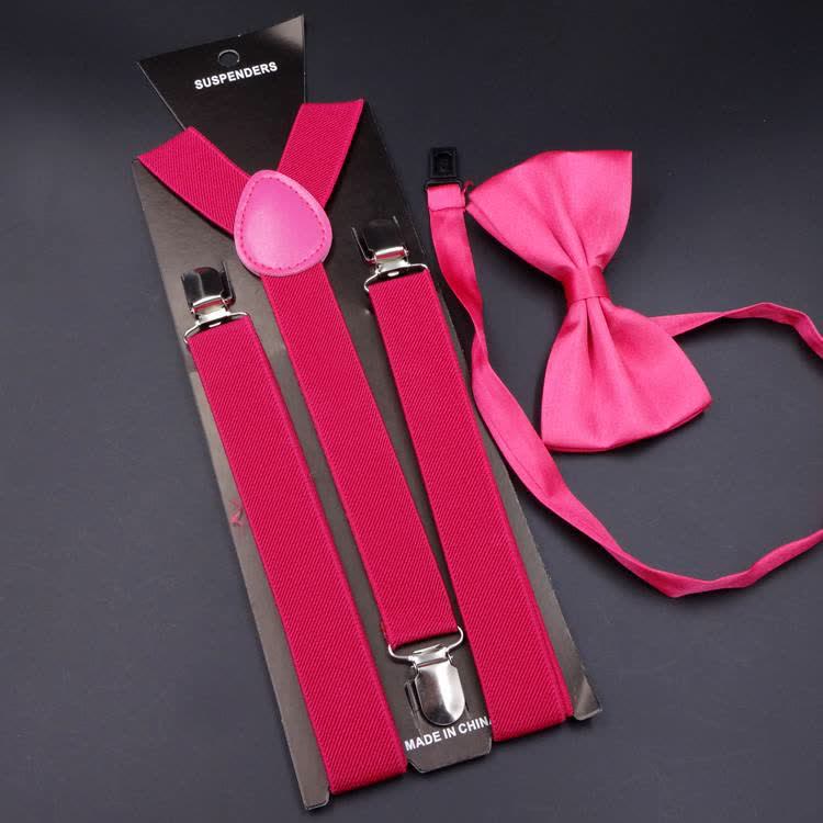 2Pcs Solid Color Bow Tie 3-Clips Adjustable Suspenders Set