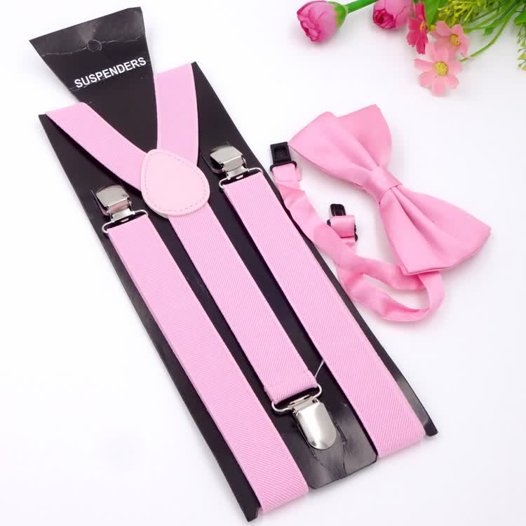 2Pcs Solid Color Bow Tie 3-Clips Adjustable Suspenders Set