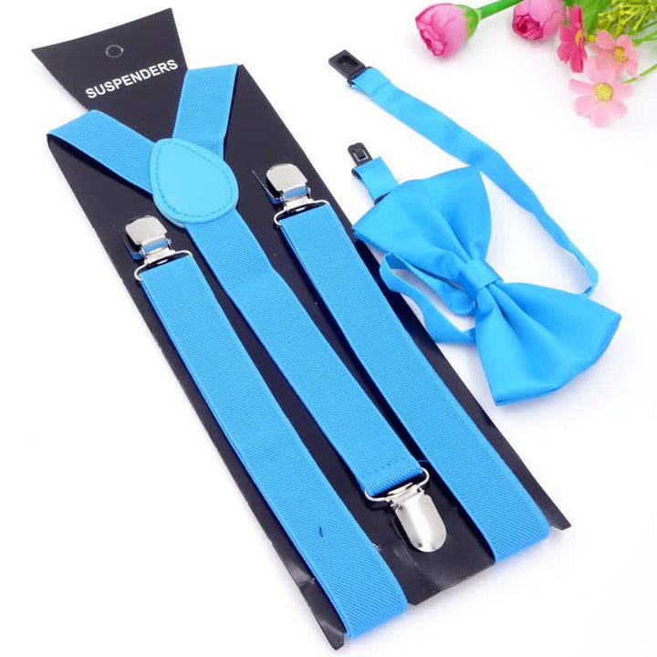 2Pcs Solid Color Bow Tie 3-Clips Adjustable Suspenders Set