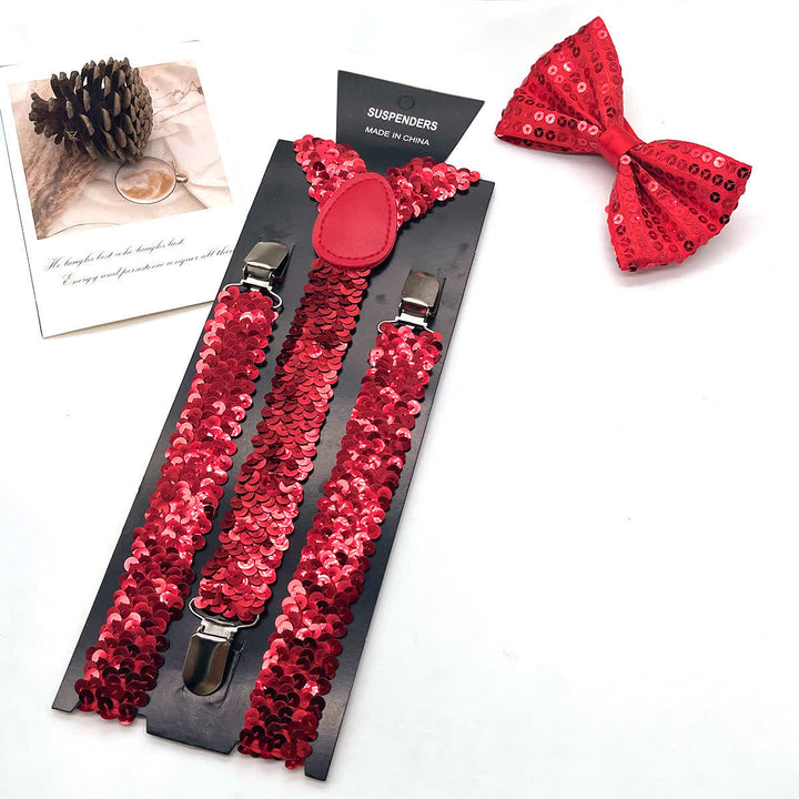 2Pcs Funny Party Sequin Bow Tie 3-Clips Adjustable Suspenders Set