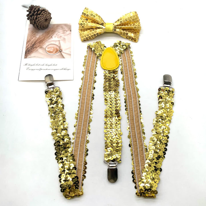 2Pcs Funny Party Sequin Bow Tie 3-Clips Adjustable Suspenders Set