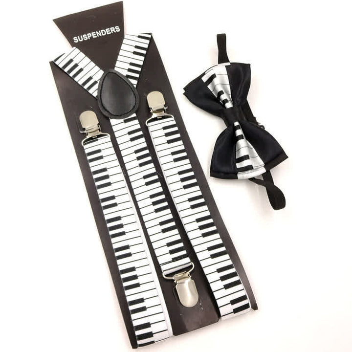 2Pcs Piano Pattern Music Bow Tie 3-Clips Adjustable Suspenders Set