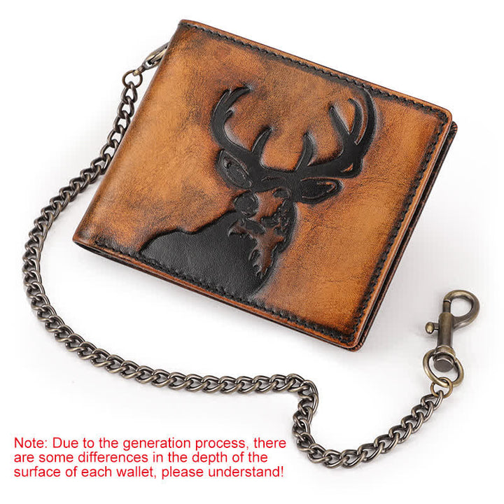 Deer Embossed Hand Burnished Color Leather Wallet with Chain