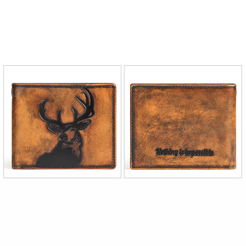 Deer Embossed Hand Burnished Color Leather Wallet with Chain