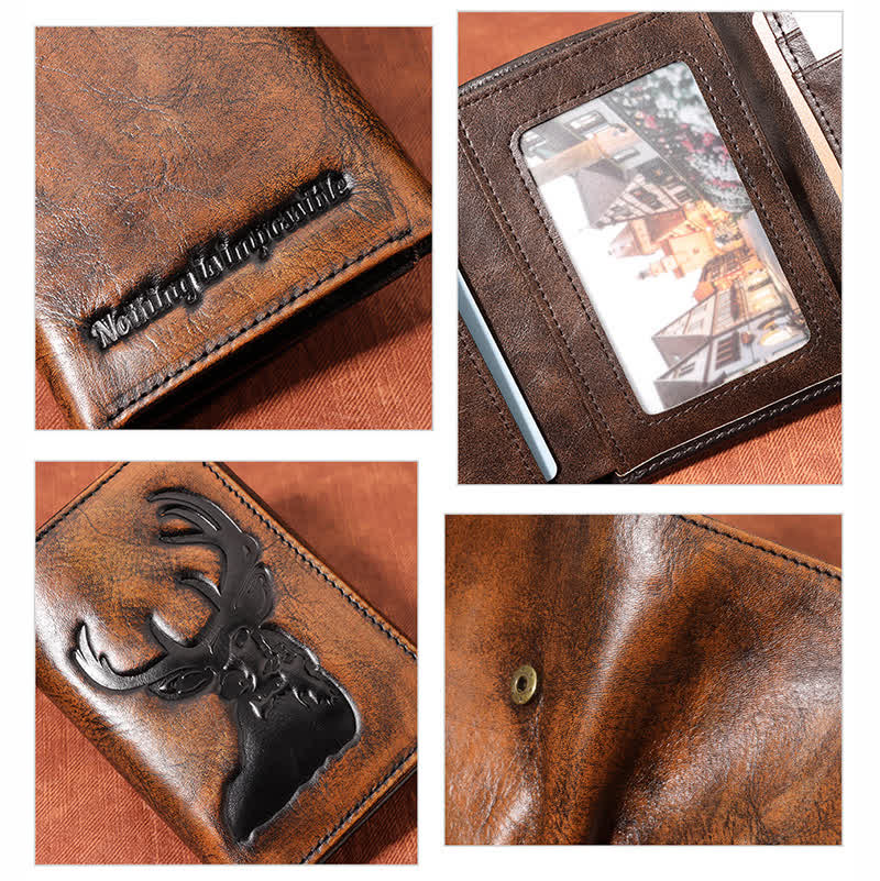 Deer Embossed Hand Burnished Color Leather Wallet with Chain