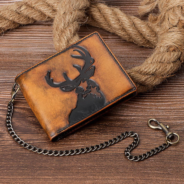 Deer Embossed Hand Burnished Color Leather Wallet with Chain