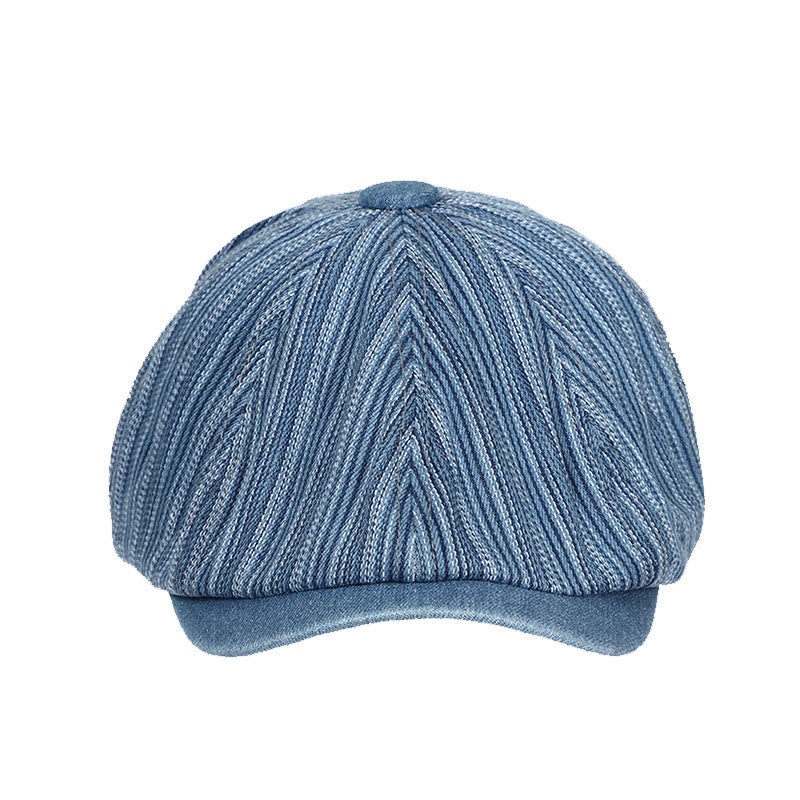 Artist Painter Striped Washed Denim Octagonal Beret Cap