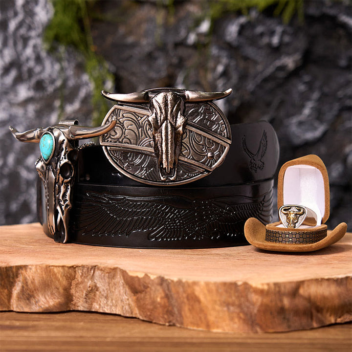 Longhorn Skull DIY Hidden Knife Belt Buckle With Bull Ring Bundle Set (PRE-SALE) - Longhorn Skull - Black Embossed Eagle Belt - 42 - image 3