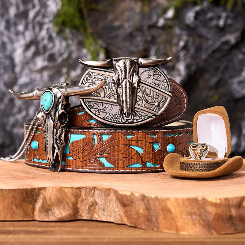 Longhorn Skull DIY Hidden Knife Belt Buckle With Bull Ring Bundle Set (PRE-SALE) - Longhorn Skull - Turquoise Carved Belt - 42 - image 4